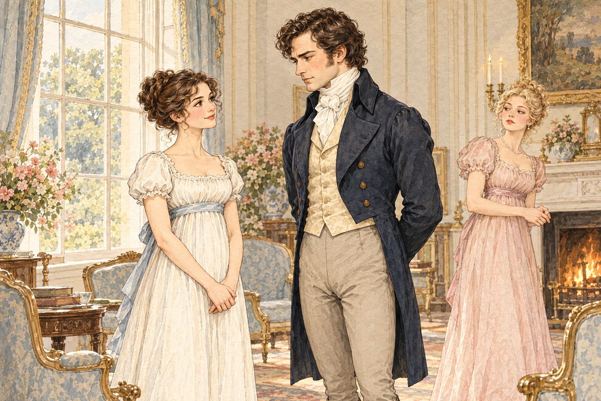 Caroline invited Elizabeth to take a turn about the room, knowing Darcy would look up. He did. When Elizabeth said she dearly loved a laugh but hoped she never ridiculed what was wise or good, he took her answer seriously, and Caroline found the scheme had not worked as she intended.