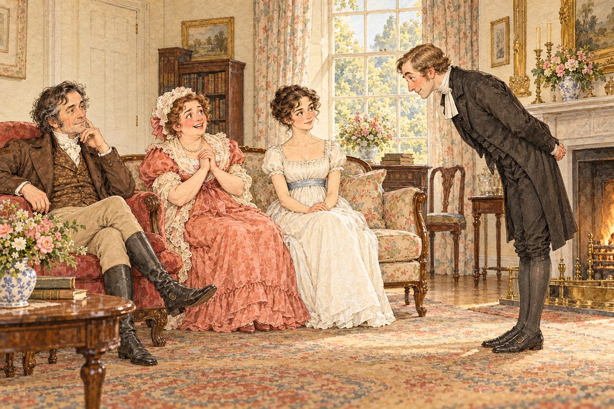Mr Collins arrived at Longbourn, the cousin who would inherit the estate after Mr Bennet's death because there was no son. He came, he said, with an olive branch, meaning to choose a wife among the daughters, and he bowed and apologised his way through every room in the house.