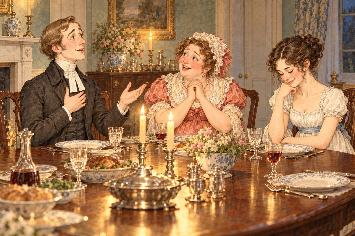 At dinner Mr Collins spoke of nothing so readily as his patroness, Lady Catherine de Bourgh, her affability and condescension, and her advice on his shelves in the closet upstairs. Mr Bennet listened with keen enjoyment, and Elizabeth caught her father's eye more than once.