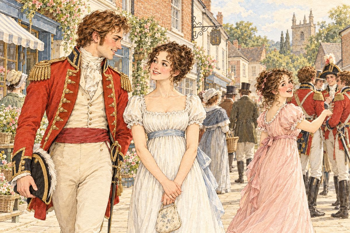 In Meryton, the Bennet girls met Mr Wickham, newly come to join the militia, a young man with a fine countenance and a happy readiness of conversation. Lydia flirted with the officers, while Elizabeth noticed how Wickham and Darcy changed colour when they met in the street.