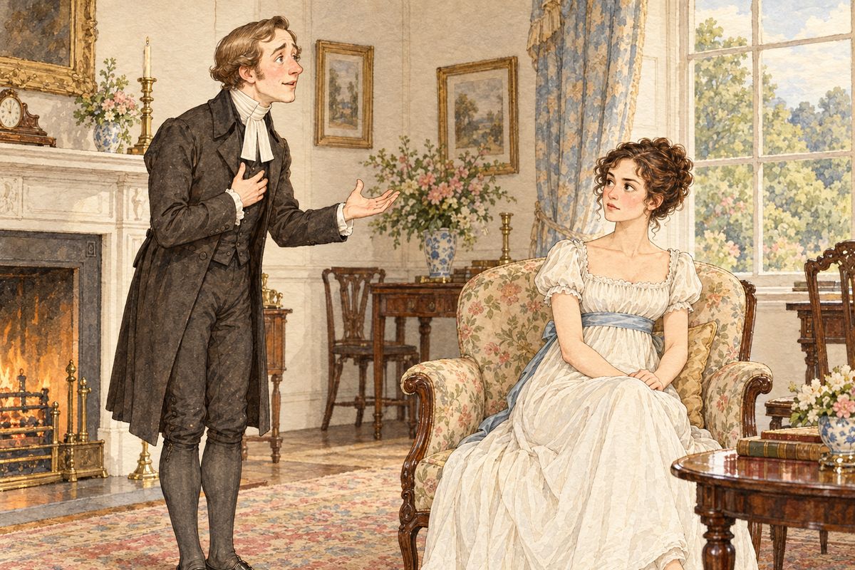 The next morning Mr Collins asked for a private audience with Elizabeth and made his proposal, with reasons: Lady Catherine wished him to marry, and it would heal the entail. Elizabeth refused him plainly, but he took it for the usual modesty of elegant females.