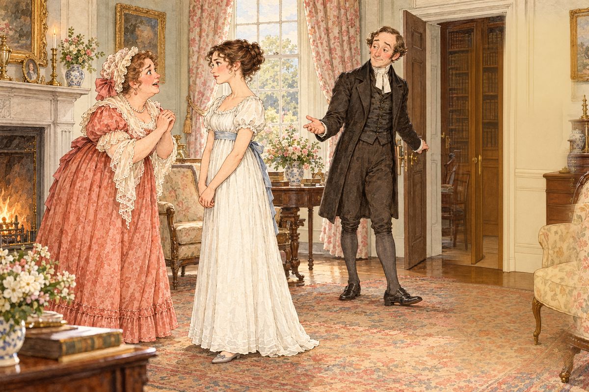 Mrs Bennet was horrified and appealed to her husband. Mr Bennet said that an unhappy alternative was before Elizabeth: her mother would never see her again if she did not marry Mr Collins, and he would never see her again if she did. Mr Collins, offended, withdrew his suit.