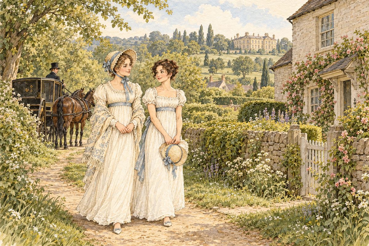 In March, Elizabeth travelled into Kent to visit Charlotte at Hunsford. The parsonage was neat and snug, and Rosings Park, Lady Catherine's great house, could be seen across the lane. Mr Collins took her round the garden and pointed out every view with tiresome minuteness.