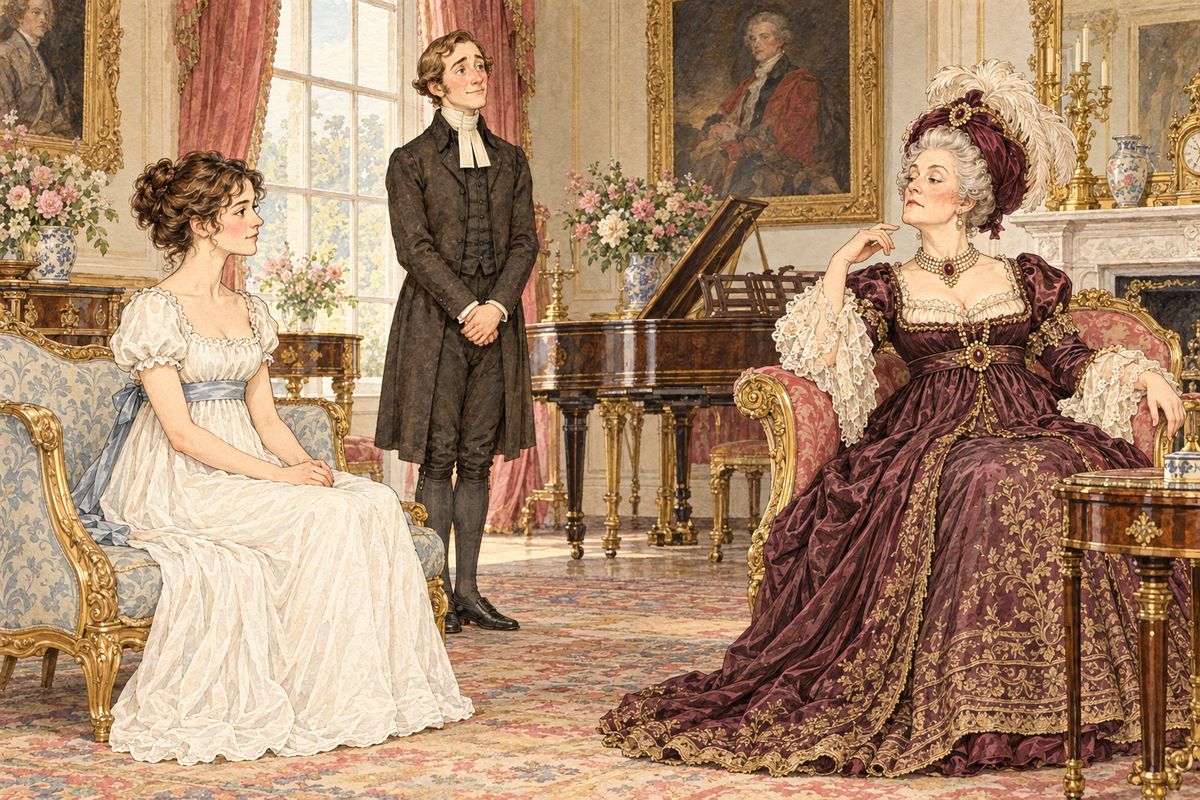 At Rosings, Lady Catherine received them with every grandeur. She asked Elizabeth how many sisters she had, whether any were out, whether they drew, and why they had never had a governess. Mr Collins praised every dish at dinner, and Lady Catherine delivered her opinion on everything.