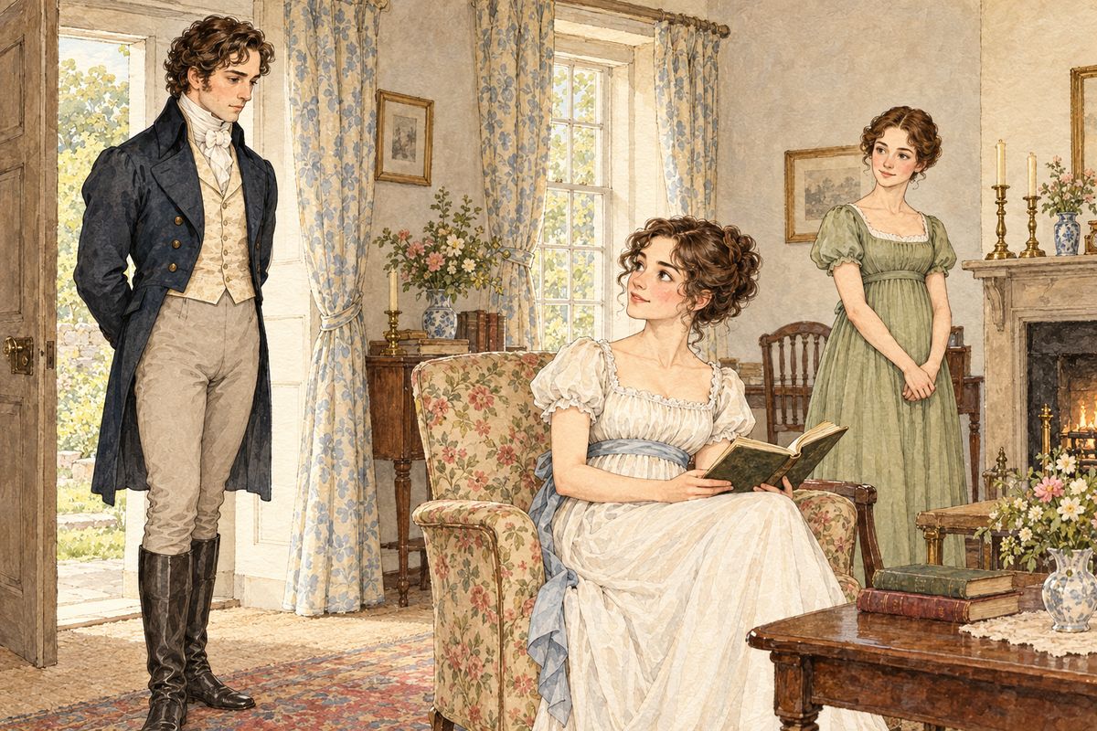 Darcy began calling at the parsonage, sometimes finding Elizabeth alone. He would sit ten minutes without opening his lips, and leave. Charlotte wondered whether he might be in love with her friend, but Elizabeth only laughed at the idea; he seemed to come because he had nothing else to do.