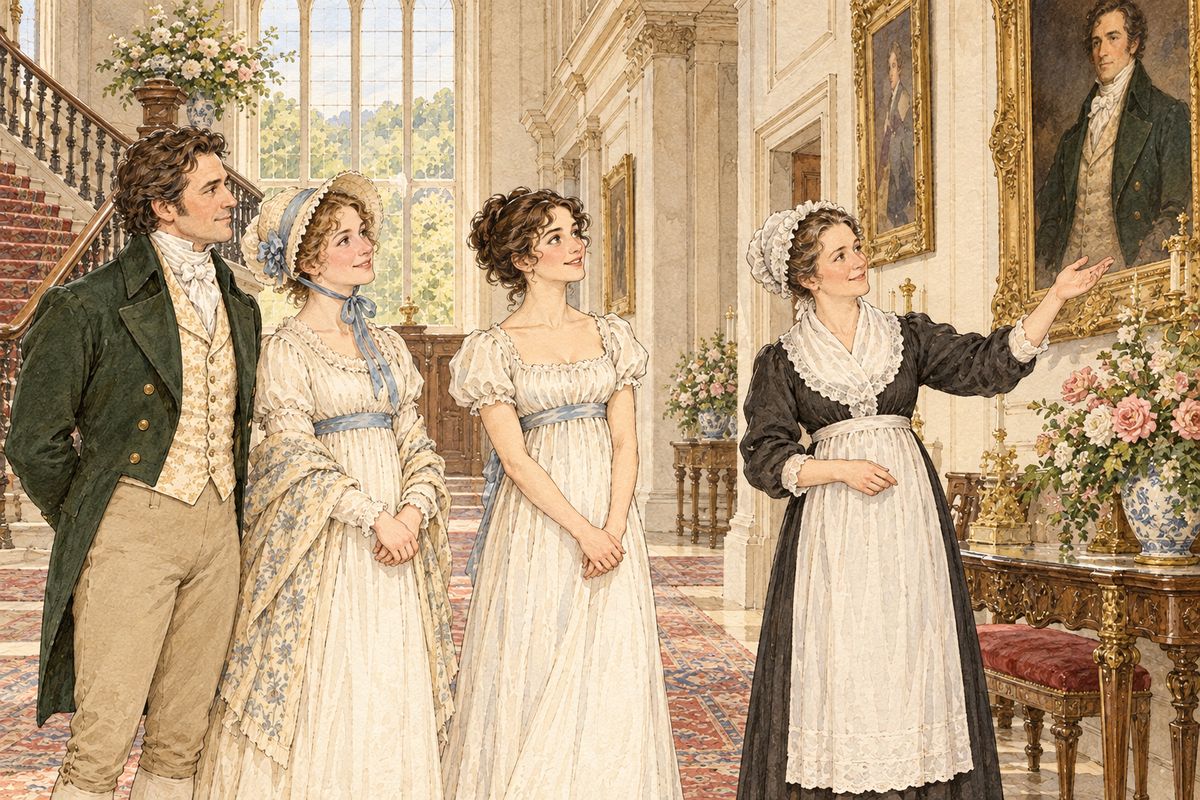 Darcy was away from home, so they toured Pemberley with the housekeeper, Mrs Reynolds. She showed them his portrait and said she had never had a cross word from him since he was four years old. He was the best landlord and the best master, and a most affectionate brother.