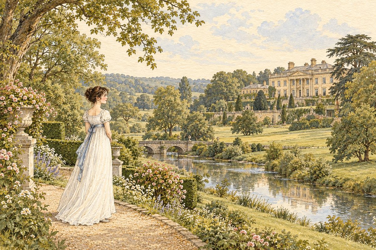 From the windows and the grounds Elizabeth saw a large, handsome house, standing well on rising ground, with a stream before it and woods behind. She had never seen a place for which nature had done more, and she felt that to be mistress of Pemberley might be something.