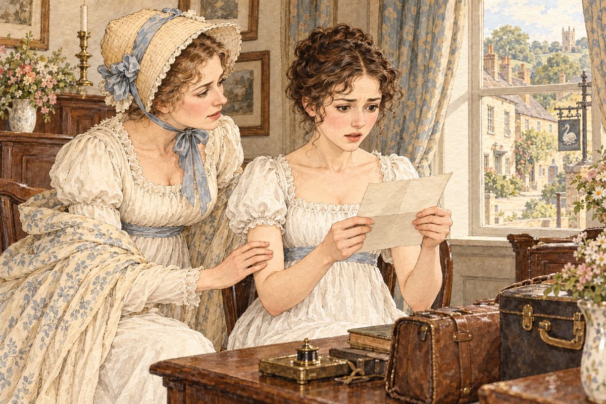 At the inn two letters from Jane arrived together. Lydia had left Brighton with Wickham, and they had not gone to Scotland to marry; they were believed to be in London. Elizabeth's new hopes vanished in an instant, as she realised the disgrace that would fall on all her family.