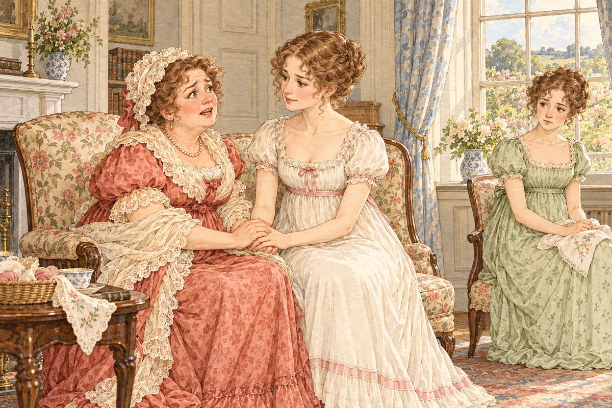 At Longbourn, Mrs Bennet stayed in her room, crying that Wickham must make Lydia marry, and that Mr Bennet would be killed fighting him. Jane nursed her mother and managed the house, worn and pale, while Kitty, who had known of Lydia's attachment, sat silent and ashamed.