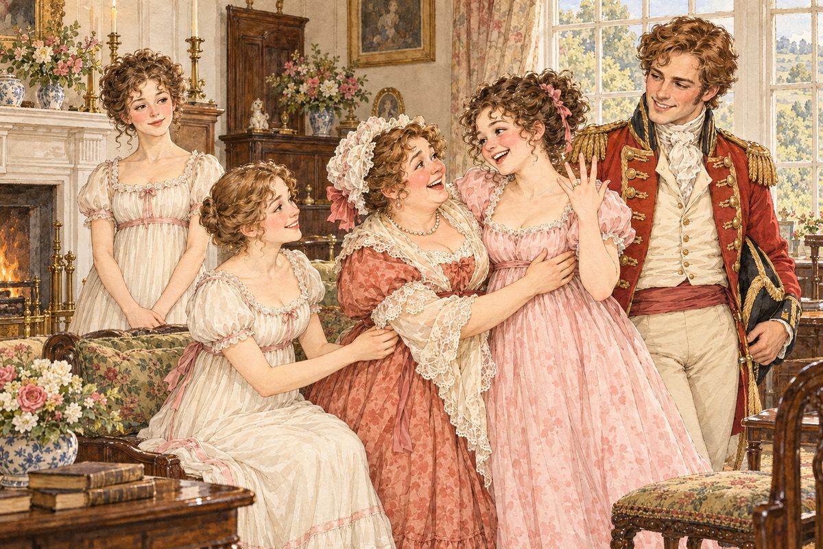 The newly married couple came to Longbourn. Lydia was untamed and unabashed, and showed off her ring to the servants; she took Jane's place at table because she was a married woman now. Wickham was all smiles. Mrs Bennet was delighted, and Elizabeth was sick at heart.