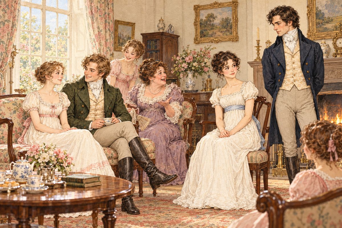 Darcy came with Bingley to Longbourn, but there was no chance for private talk: the room was full of Mrs Bennet and her daughters, and Mrs Bennet still ignored him. Darcy and Elizabeth exchanged glances across the parlour, each wondering what the other felt.