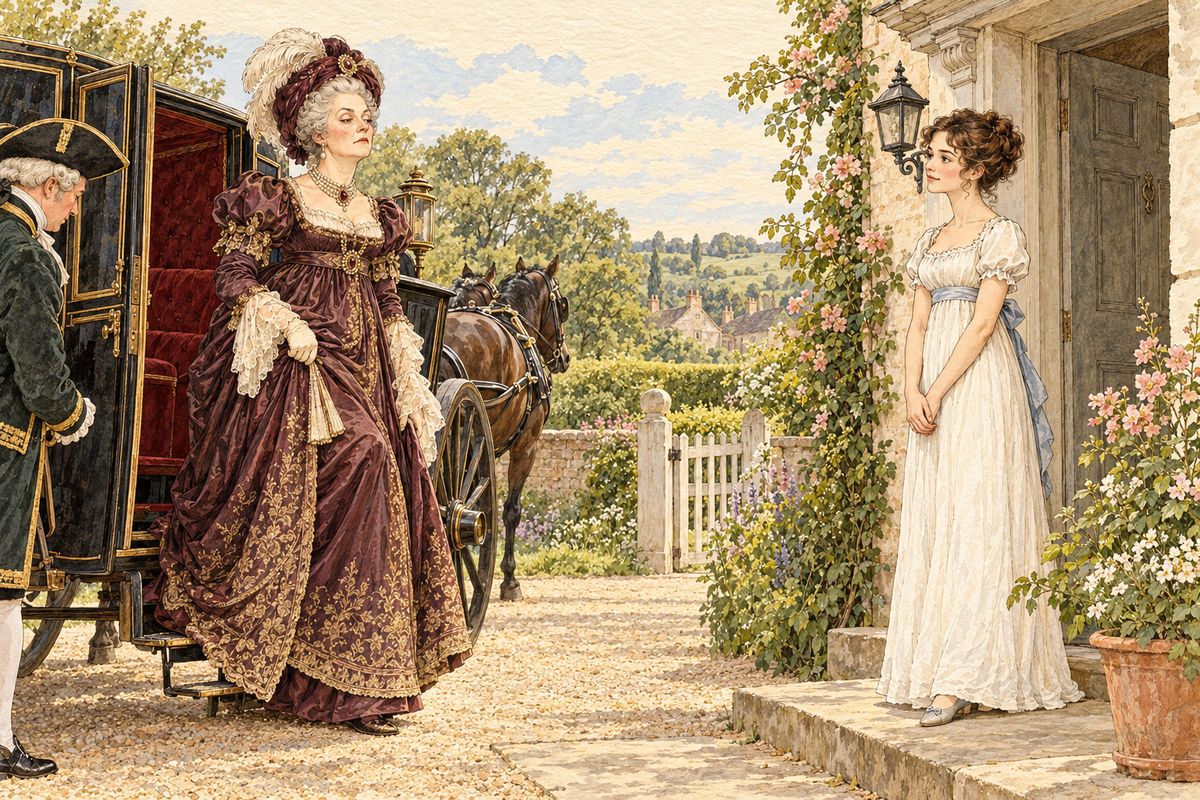 One morning a grand chaise and four drove up to Longbourn, and Lady Catherine de Bourgh swept out. She asked to walk with Elizabeth alone, and the family stared, while Mrs Bennet was flattered by the great lady's call and did not guess its purpose.