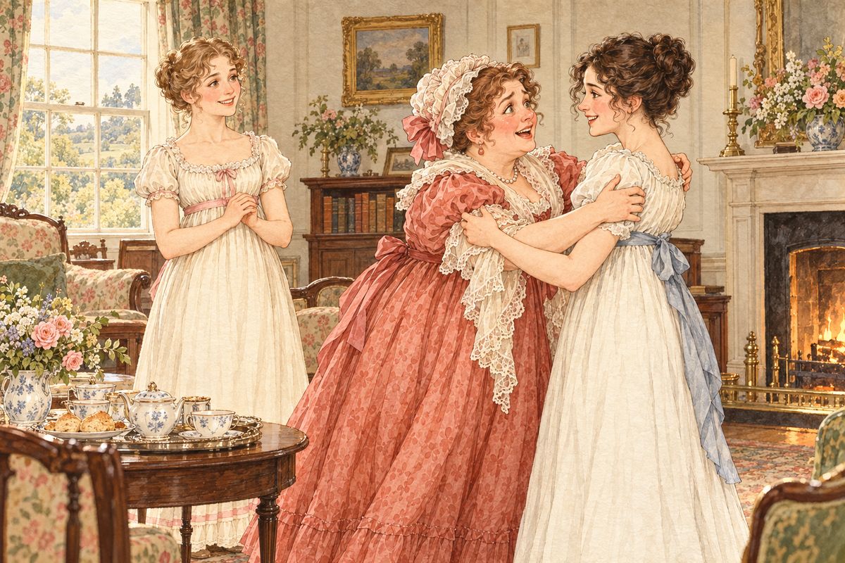 Mrs Bennet sat quite still when she heard, and then cried out in rapture: Mr Darcy! Who would have thought it! Ten thousand a year, and very likely more! A house in town! Oh, Lizzy, how rich and how great you will be! She had disliked him for a year, and adored him in a minute.