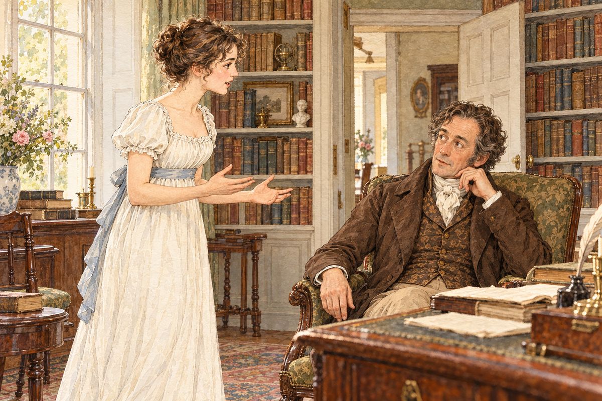 Mr Bennet sent for Elizabeth in his library, looking grave. Are you out of your senses? he asked. Have not you always hated him? She told him that she loved Darcy, that he had no improper pride, that he was perfectly amiable, and that her first opinion of him had been wrong.