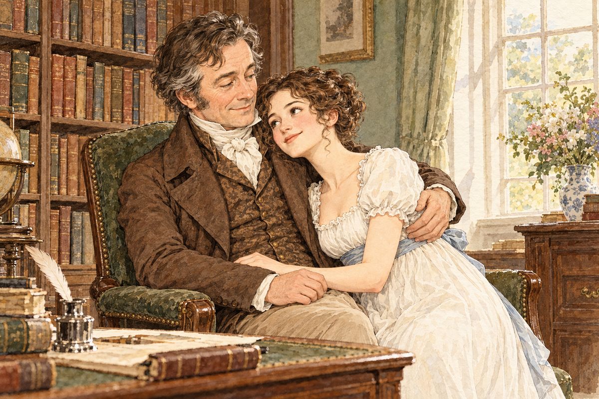 At last Mr Bennet gave his blessing, and Elizabeth leaned against him, laughing through tears. If any young men come for Mary or Kitty, he said, send them in, for I am quite at leisure. He had lost his favourite companion, but he could not have given her to anyone more worthy.