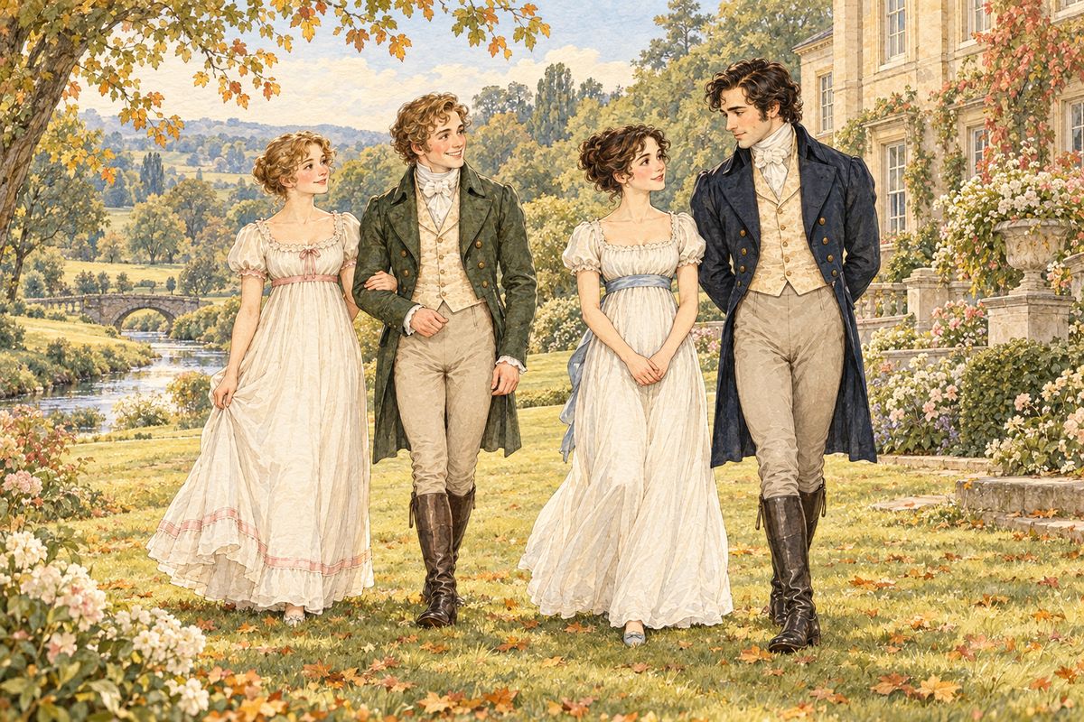 Jane and Elizabeth were married on the same day. In the autumn the four walked together under the turning trees, and Elizabeth saw in Darcy's face how much his love had grown. Bingley was as gay as ever, and Jane as gentle; the sisters were happier than they had ever dreamed.