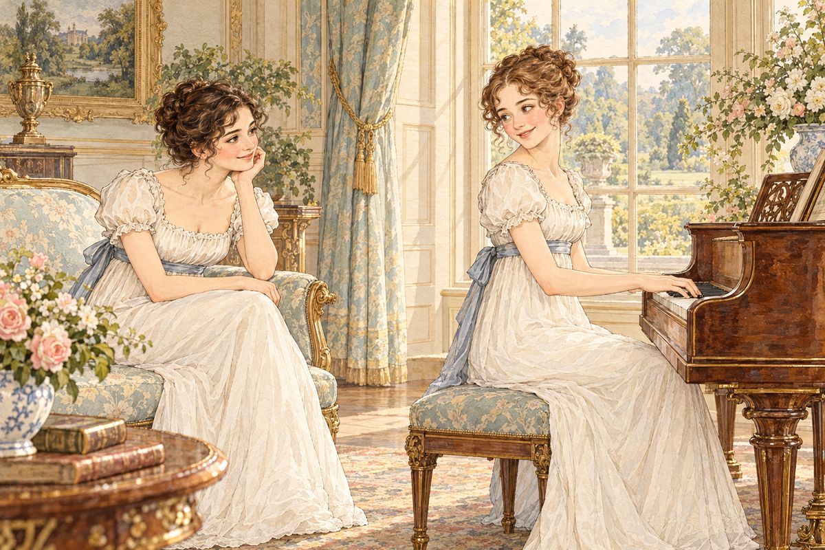 Georgiana gained confidence at Pemberley. She played the pianoforte in the morning room while Elizabeth listened and encouraged her, and their happy talk filled the house. Georgiana had the highest opinion in the world of Elizabeth, and Elizabeth found in her a gentle and loving sister.
