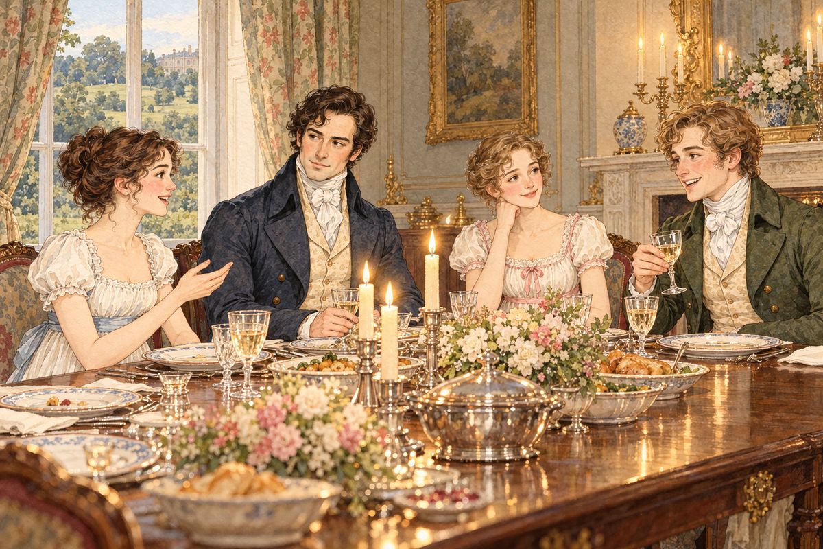 When Jane and Bingley came to Pemberley, the four friends dined together by candlelight. Bingley talked and laughed as freely as ever, Jane smiled at him, and Darcy, once so silent at Netherfield, spoke easily now among the people he loved best.