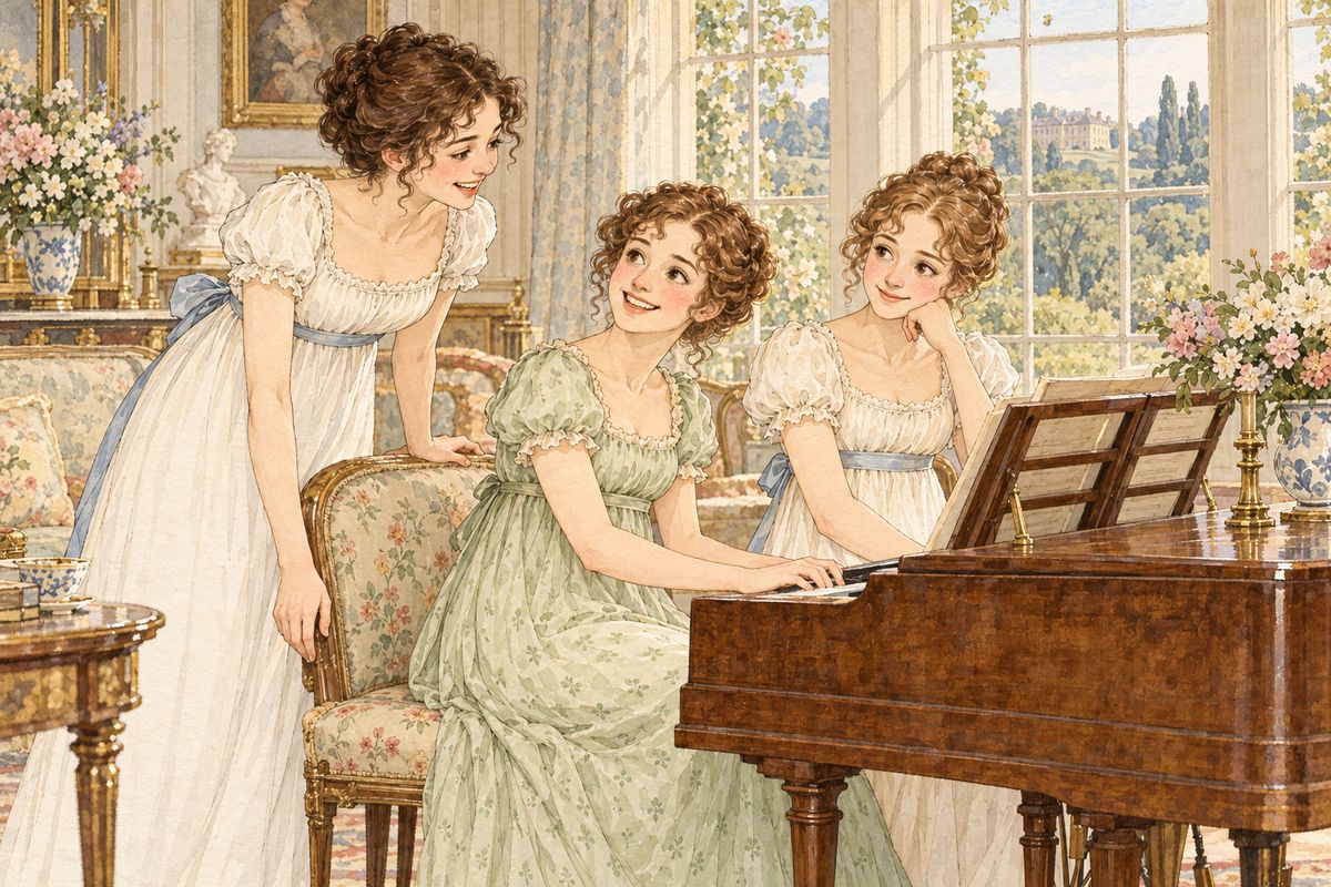 At Pemberley, Kitty and Georgiana became good friends. They practised music together in the morning room while Elizabeth listened and laughed, and Kitty, away from Lydia's influence, grew sensible and pleasant, so that her sisters hardly recognised the girl who had once only coughed and complained.