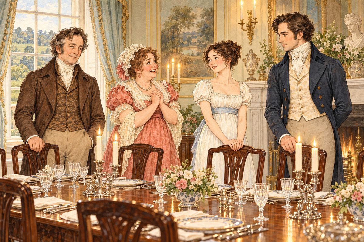 Sometimes the whole Bennet family came to Pemberley. Mrs Bennet admired every room and talked of the grand house to all her neighbours, while Mr Bennet found a quiet corner, and Darcy bore it all with patience, for Elizabeth's sake, and even with some amusement.