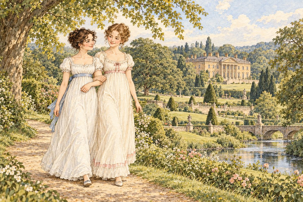 Jane and Elizabeth walked together through Pemberley's grounds, by the stream and the stone bridge, as they had once walked the lanes at Longbourn. Their lives had changed beyond anything they had imagined in the days of the Meryton assembly, but their love for each other never changed.