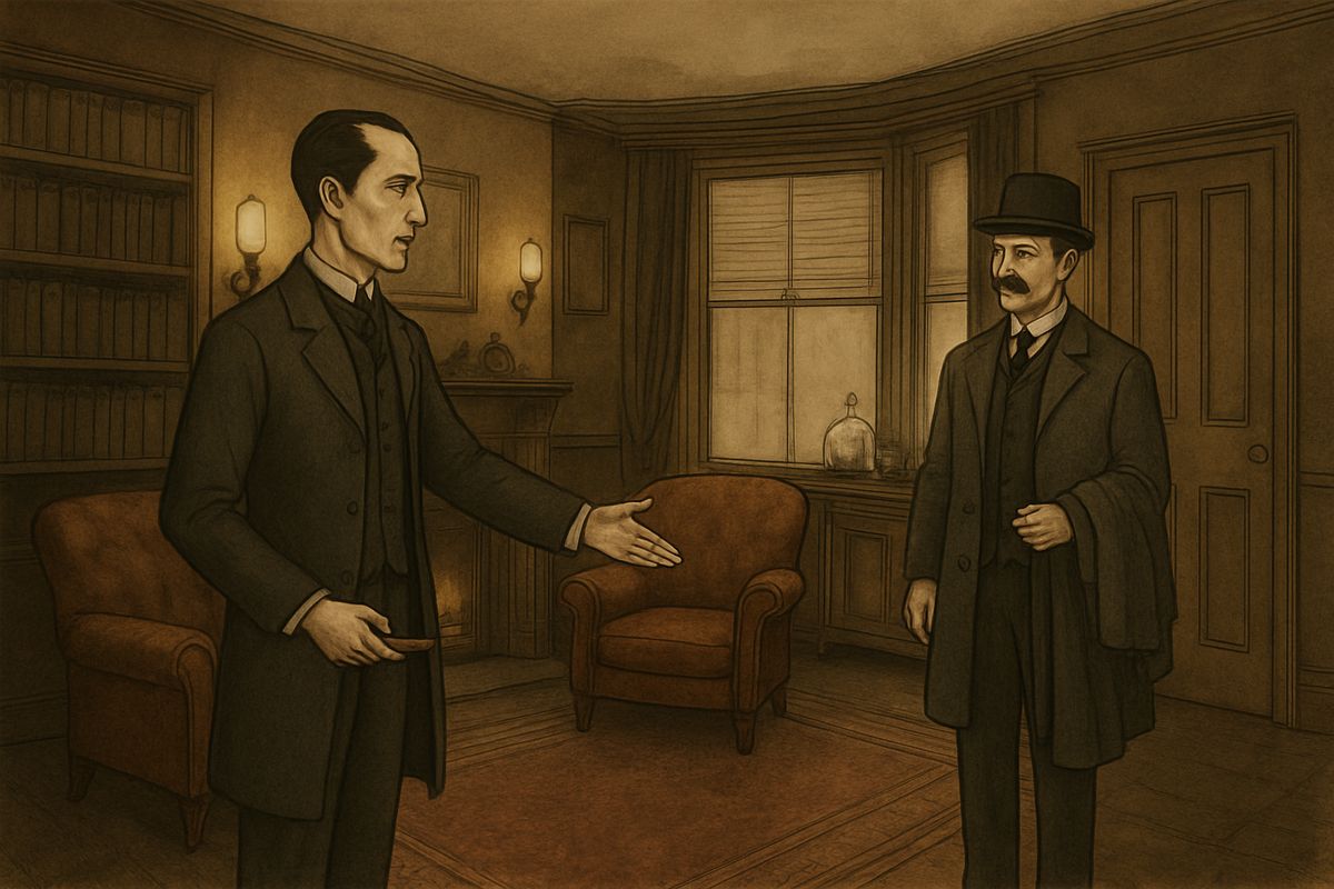 Holmes was not effusive, but he was glad to see his old friend. With hardly a word he waved Watson to an armchair, threw across his case of cigars, and pointed to the spirit case and gasogene in the corner.