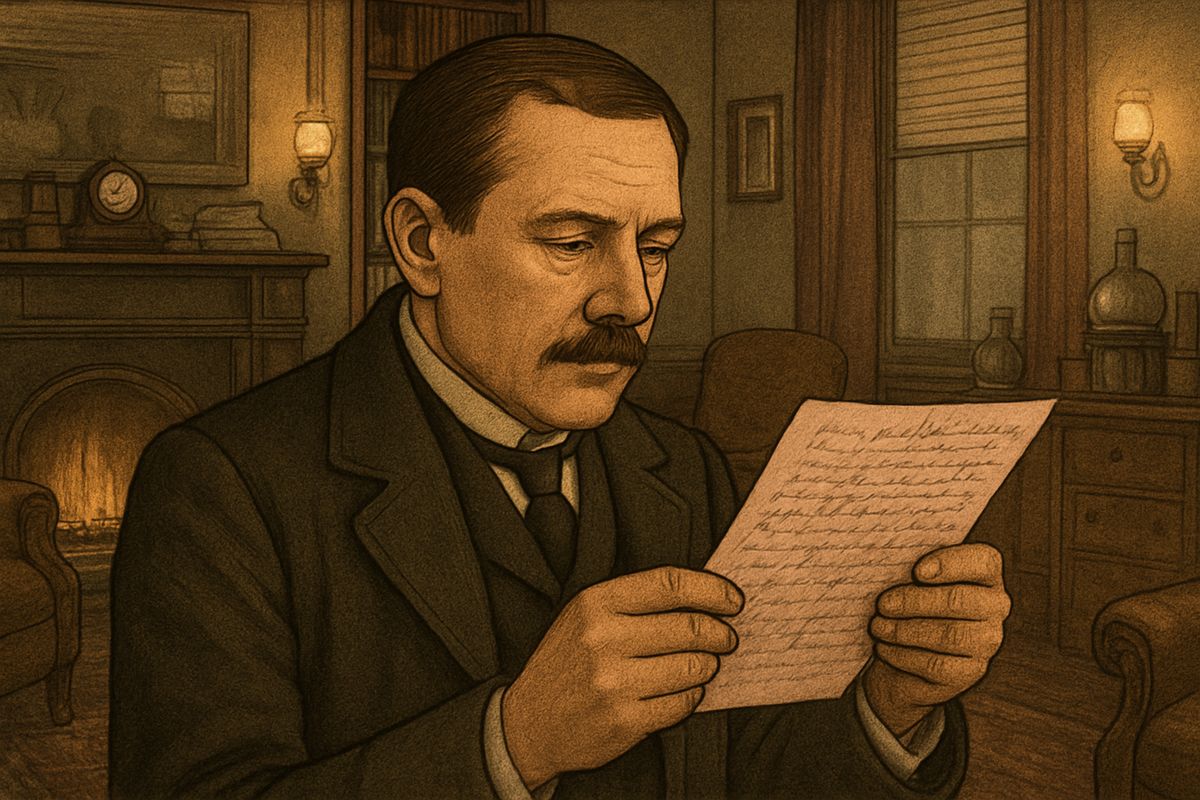 Holmes threw over a sheet of thick, pink-tinted notepaper that had come by the last post. It was undated and unsigned, and announced a masked visitor at a quarter to eight on a matter of the very deepest moment.