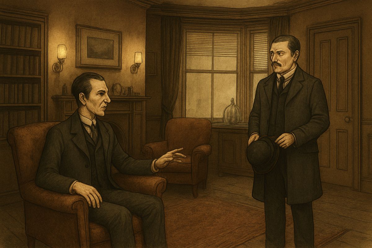 Watson rose to leave, but Holmes would not hear of it. “Stay where you are. I am lost without my Boswell. Sit down in that armchair, Doctor, and give us your best attention.”