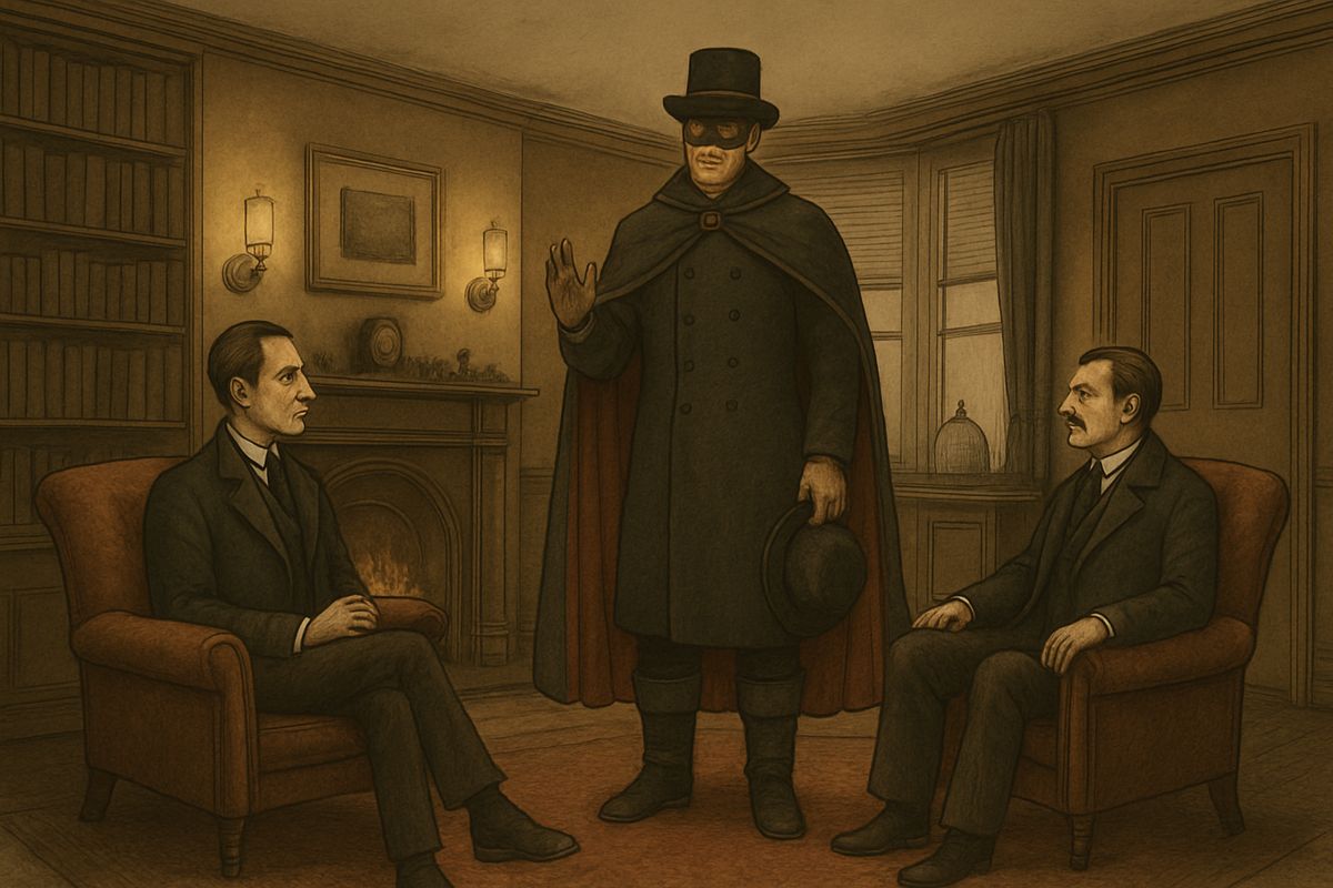After a loud, authoritative tap, a giant of a man entered, six and a half feet tall, in a cloak lined with flame-coloured silk and boots trimmed with fur. A black vizard mask covered the upper part of his face.