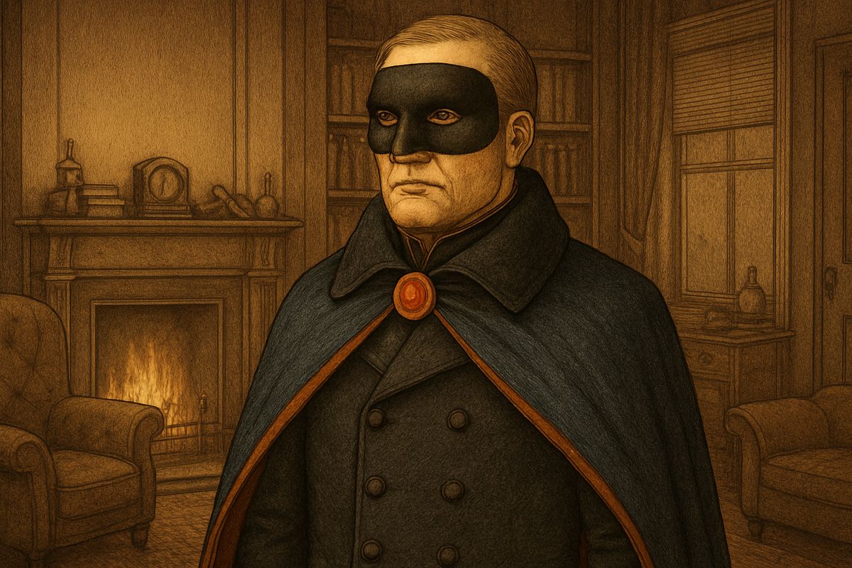 Below the mask he had a thick, hanging lip and a long, straight chin suggestive of resolution pushed to the length of obstinacy. A single flaming beryl fastened his cloak at the throat.