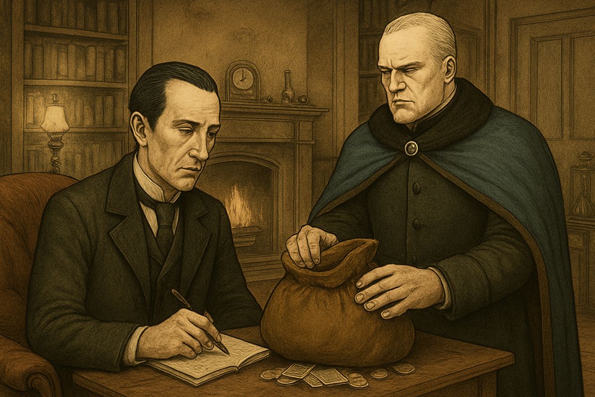 “I would give one of the provinces of my kingdom to have that photograph.” For present expenses he laid a heavy chamois leather bag on the table: three hundred pounds in gold and seven hundred in notes.