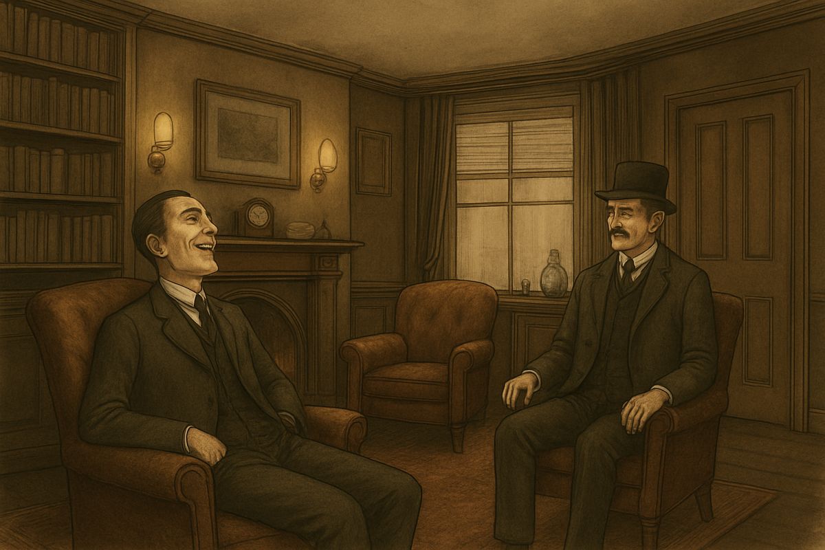 Five minutes later he emerged tweed-suited and respectable, stretched his legs before the fire, and laughed until he lay back limp in his chair. “I am sure you could never guess how I employed my morning.”