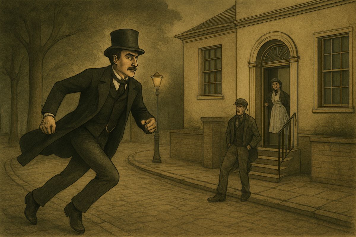 Soon a hansom drove up and a gentleman sprang out: remarkably handsome, dark, aquiline and moustached. Shouting to the cabman to wait, he brushed past the maid like a man thoroughly at home.