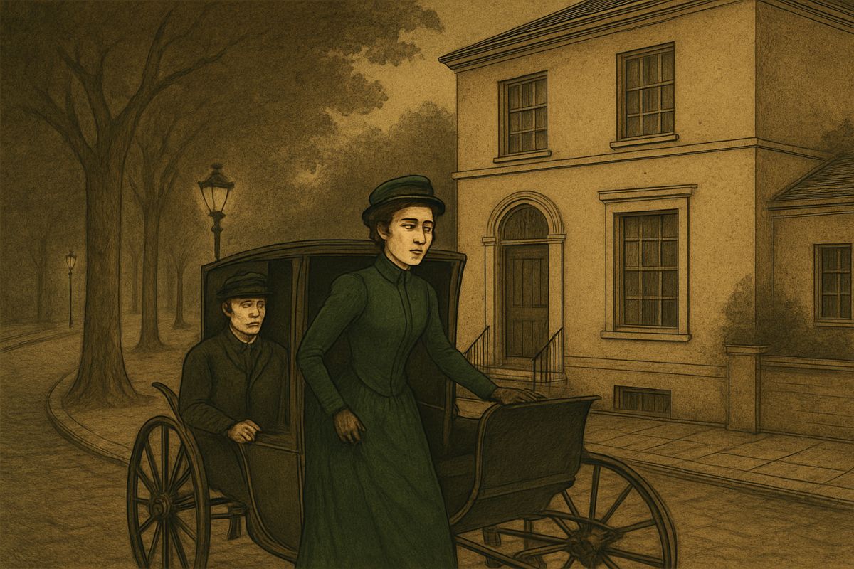 Up the lane came a neat little landau, its coachman half-buttoned with his tie under his ear. She shot out of the hall door and into it, a lovely woman with a face a man might die for. “The Church of St. Monica, John!”