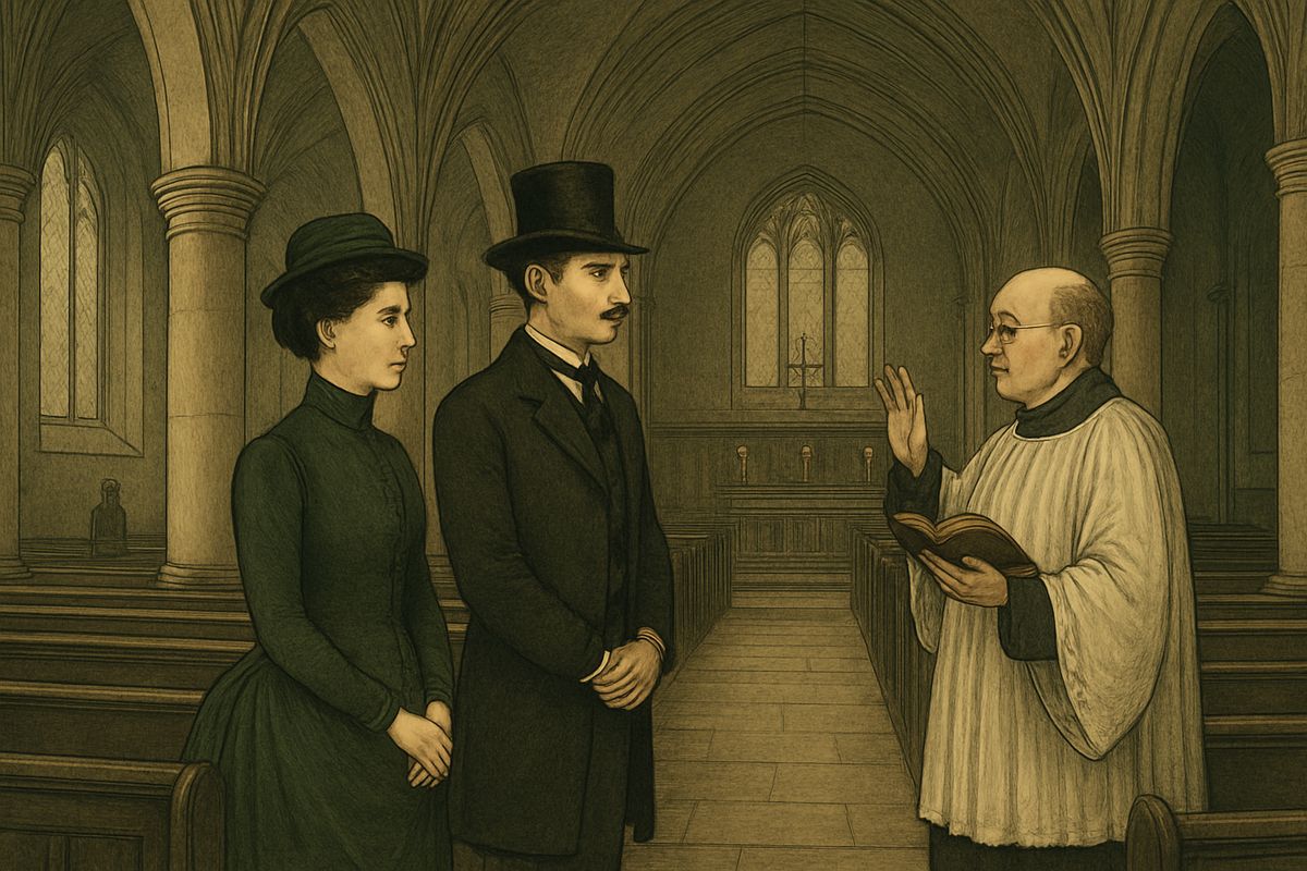 The cab and landau stood steaming at the church door. Inside there was not a soul but the two he had followed and a surpliced clergyman, who seemed to be expostulating with them before the altar. Holmes lounged up the side aisle.