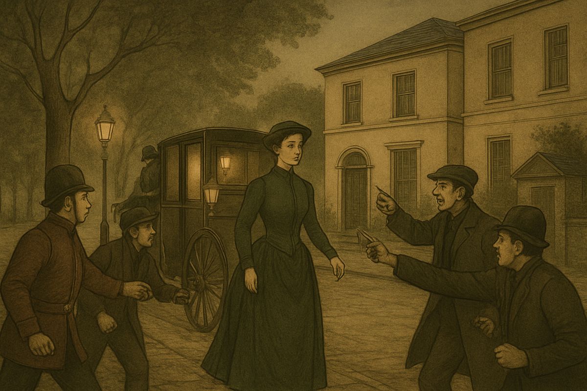 The sidelights of a landau came round the curve. As it pulled up, two loafers fought to open the door for a copper; guardsmen and scissors-grinder took sides, and in an instant the lady was the centre of a struggling knot of men.