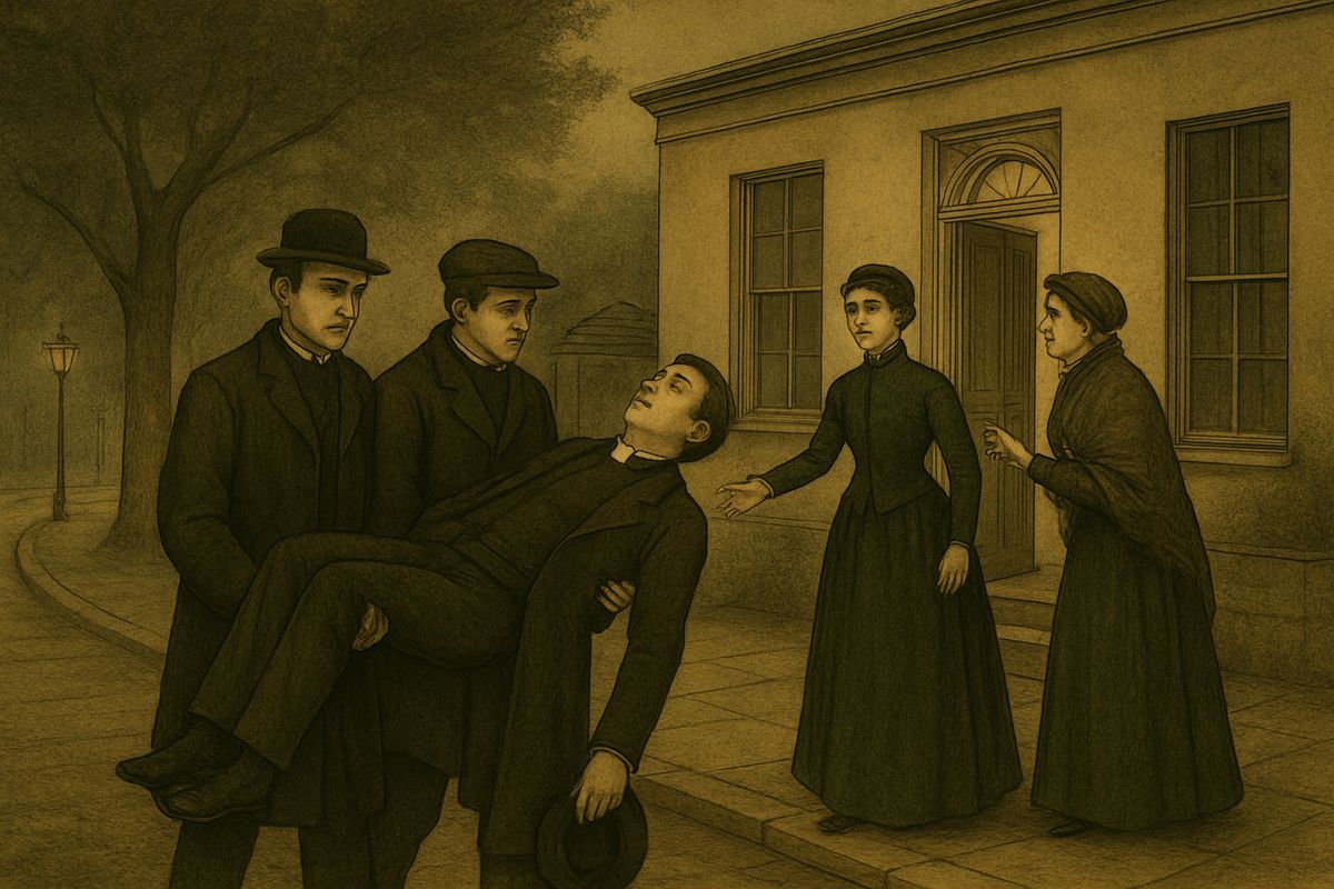 “He's a brave fellow,” said a woman. “They would have had the lady's purse and watch but for him.” “He can't lie in the street. May we bring him in, marm?” “Surely. Bring him into the sitting-room. There is a comfortable sofa.”