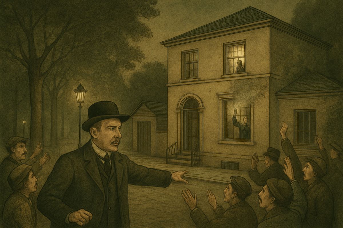 Holmes sat up and motioned for air; a maid threw open the window. At his raised hand Watson tossed in the rocket with a cry of “Fire!” and the whole crowd took up the shriek as thick smoke curled through the room.