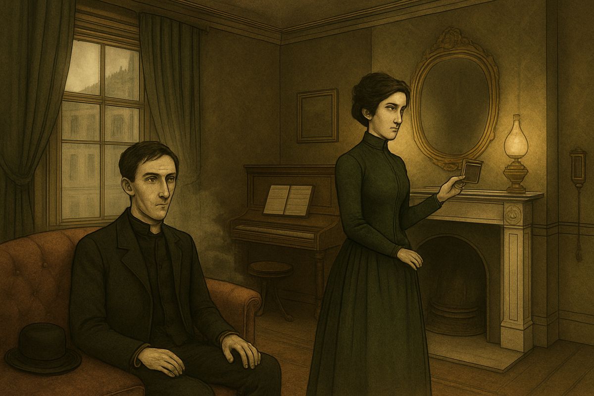 Believing her house on fire, she rushed to the thing she valued most: a recess behind a sliding panel just above the right bell-pull. Holmes glimpsed the photograph as she half drew it out.
