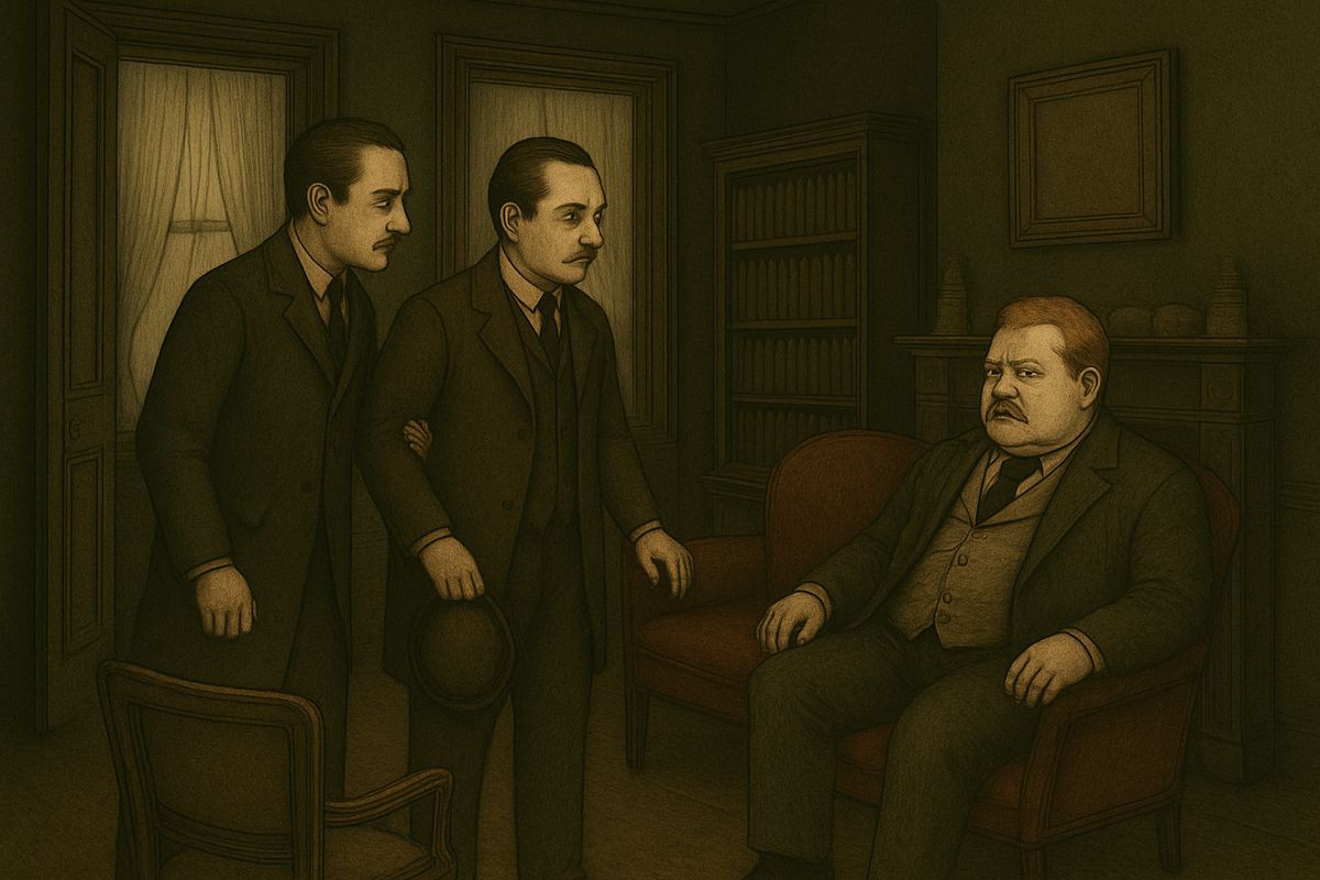 One autumn morning Dr. Watson called at Baker Street and found Sherlock Holmes deep in talk with a stout, florid, elderly gentleman with fiery red hair. As Watson turned to withdraw, Holmes pulled him abruptly into the room and shut the door behind him.