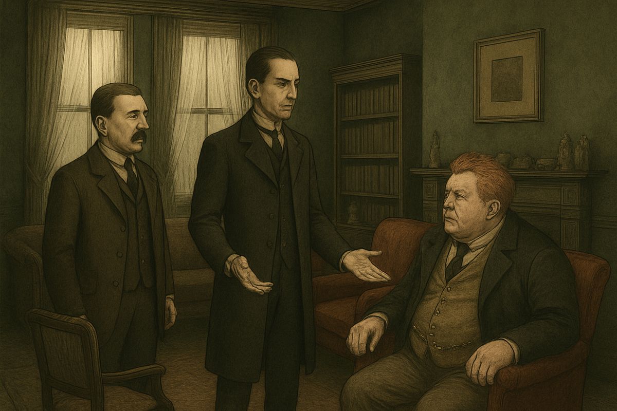 'You could not possibly have come at a better time, my dear Watson,' said Holmes, and introduced his friend as his partner in many successful cases. The stout visitor half rose and bobbed a greeting, with a quick questioning glance from small, fat-encircled eyes.