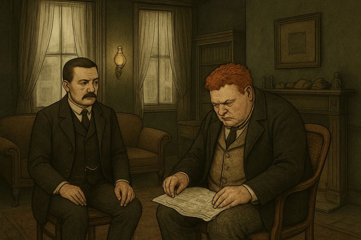 Mr. Jabez Wilson puffed out his chest with a little pride and pulled a dirty, wrinkled newspaper from his greatcoat. As he spread it on his knee and searched the advertisement column, Watson looked him over, trying to read the man as Holmes would.
