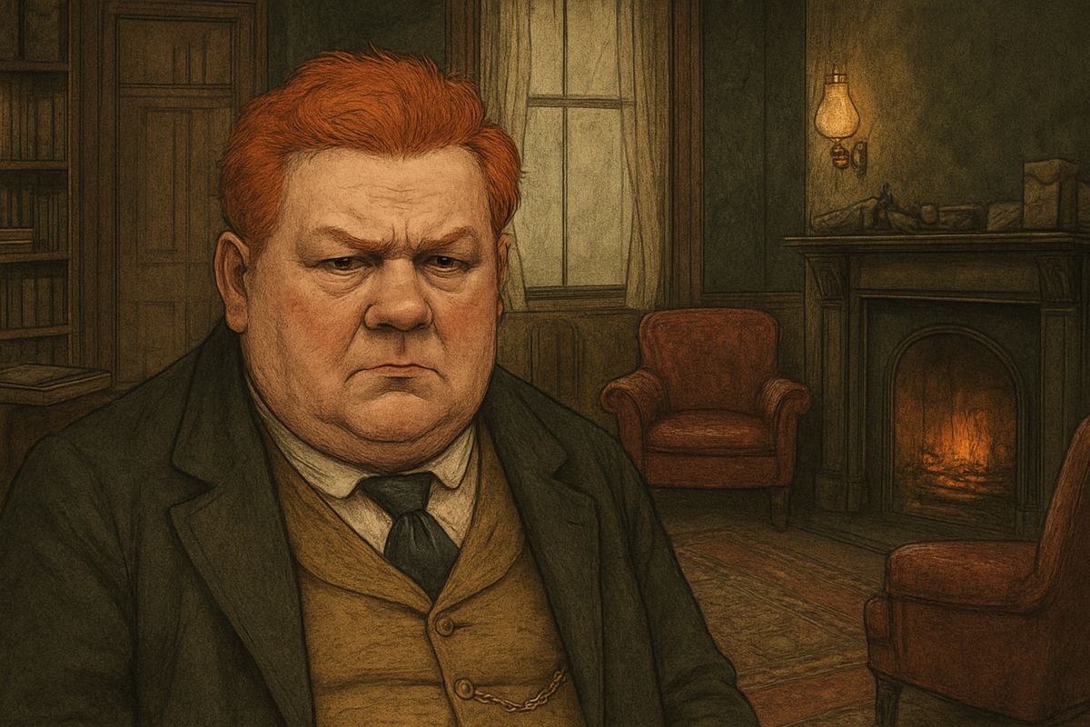 Watson saw only an ordinary British tradesman, obese, pompous and slow, in a shabby frock-coat with a heavy brassy watch-chain. There was nothing remarkable about him except his blazing red head and a look of deep chagrin and discontent.