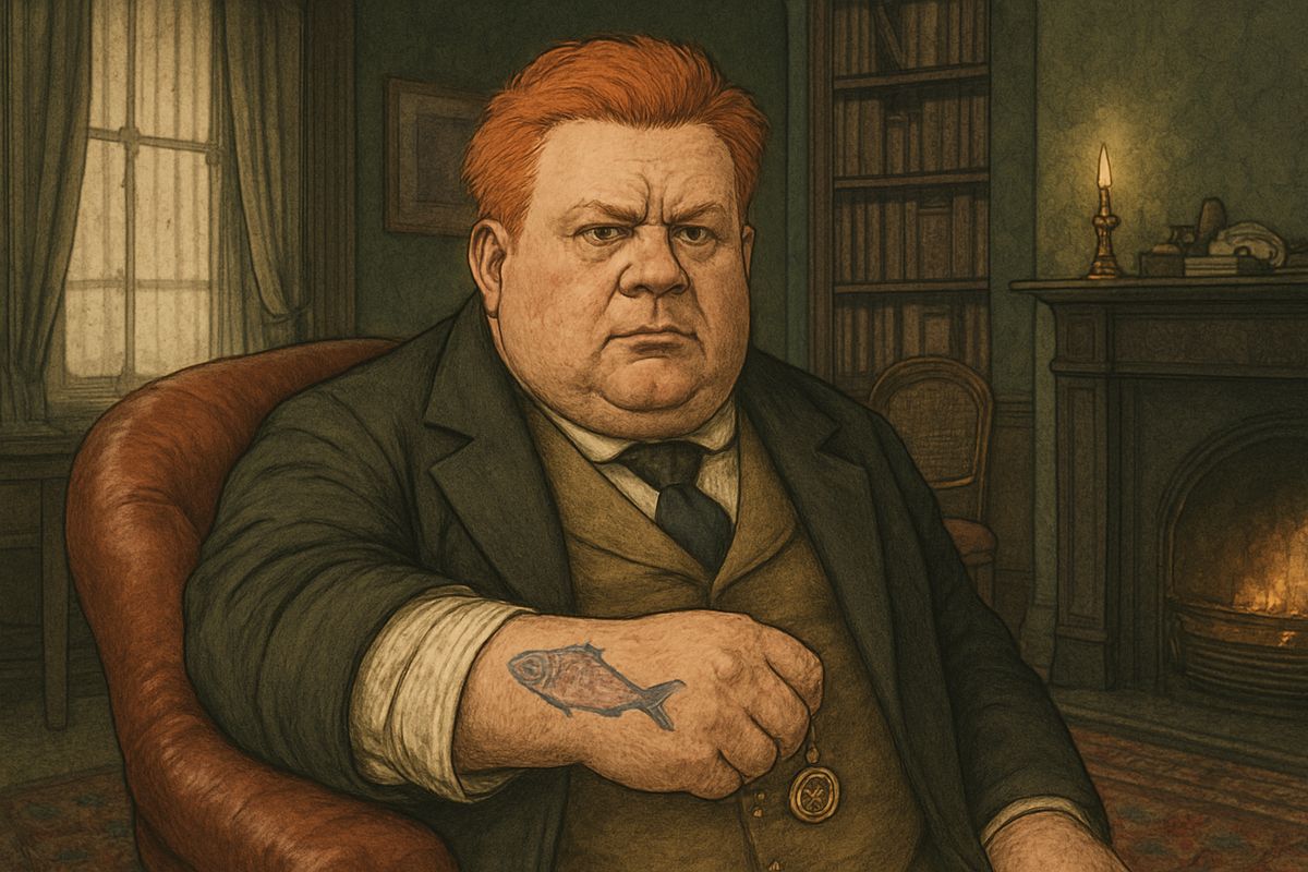 'The fish tattooed above your right wrist could only have been done in China,' said Holmes. The delicate pink staining of the scales was peculiar to that country, and a Chinese coin hanging from the watch-chain made the matter simpler still.