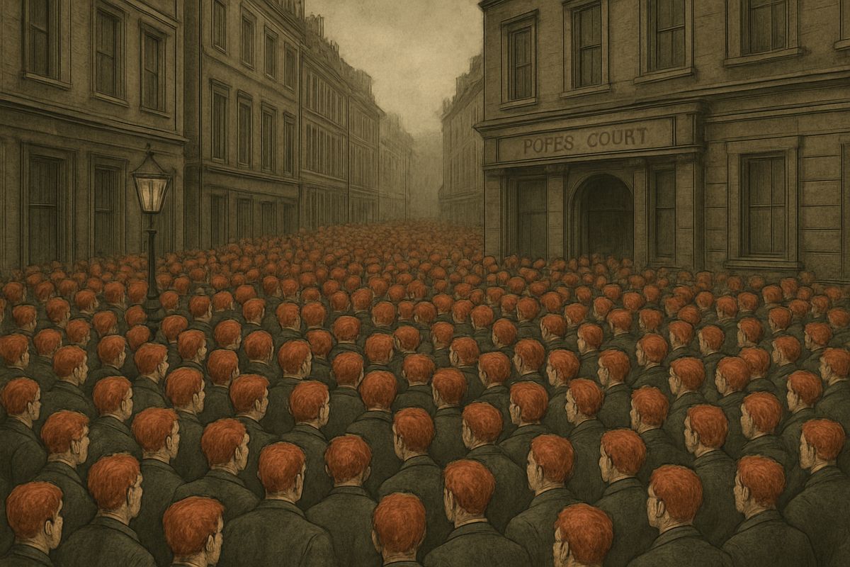 Fleet Street was choked with red-headed men who had tramped in from every direction, and Pope's Court looked like a coster's orange barrow. Every shade was there, from straw, lemon and brick to Irish-setter, liver and clay, but few had the true flame colour.