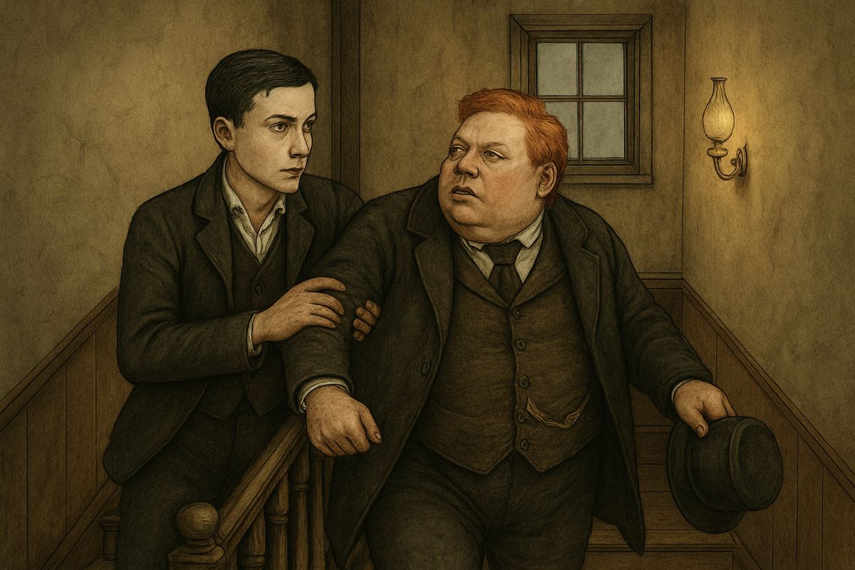 Wilson would have given up in despair, but Spaulding would not hear of it. He pushed, pulled and butted until he had got his employer through the crowd and up the stair, past a double stream of men going up in hope and coming down dejected.