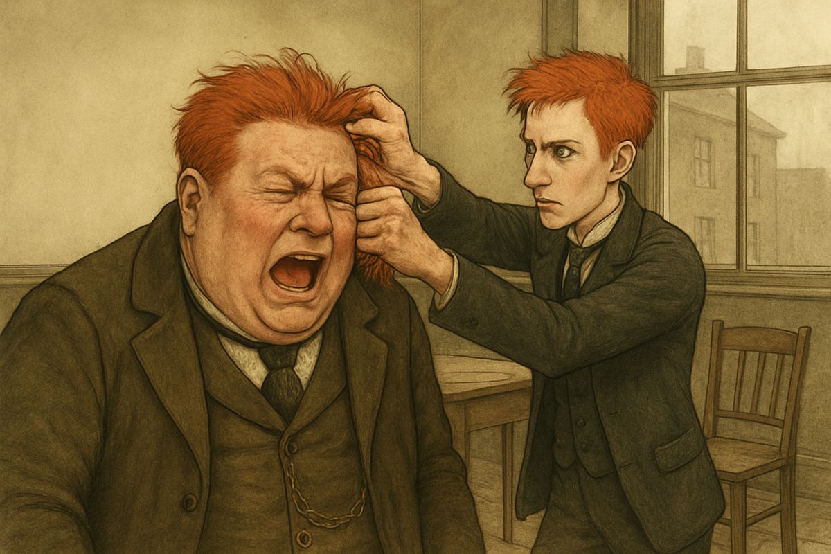 'You will excuse me for taking an obvious precaution,' said he, and seized Wilson's hair in both hands, tugging until he yelled. 'We have twice been deceived by wigs and once by paint.' Satisfied, he called from the window that the vacancy was filled.