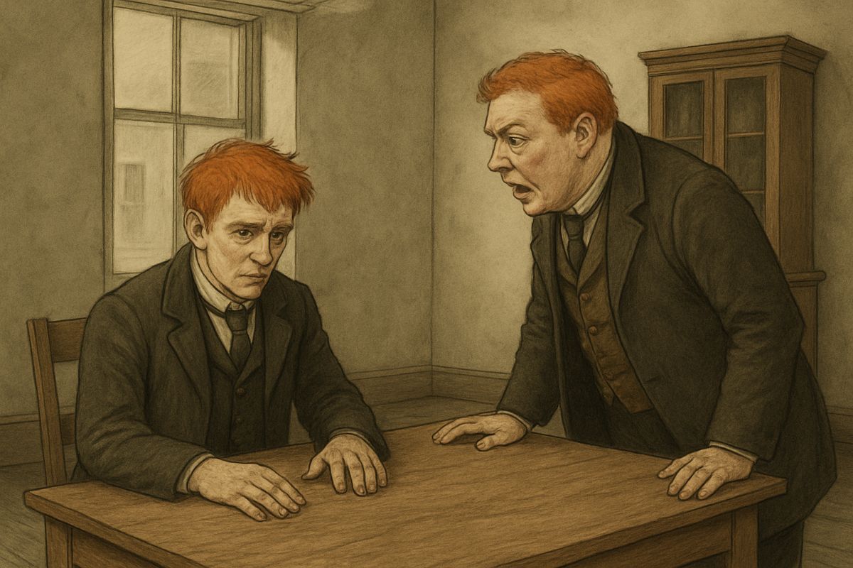 The manager introduced himself as Mr. Duncan Ross, himself a pensioner of the fund. When Wilson admitted he had no wife or family, Ross's face fell. 'Dear me! That is very serious indeed,' he said gravely, for the fund was meant to spread the red-heads too.