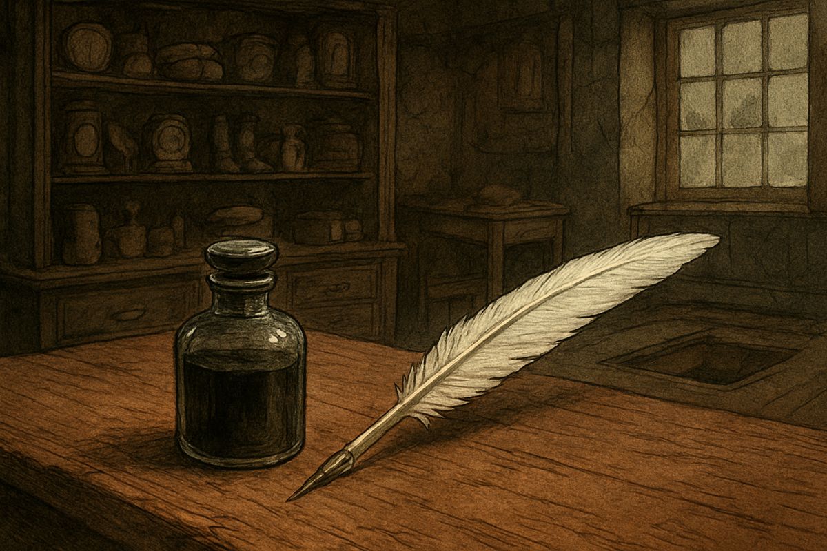 In the morning he decided to go and see anyway. He bought a penny bottle of ink, a quill pen and seven sheets of foolscap, and set off for Pope's Court.