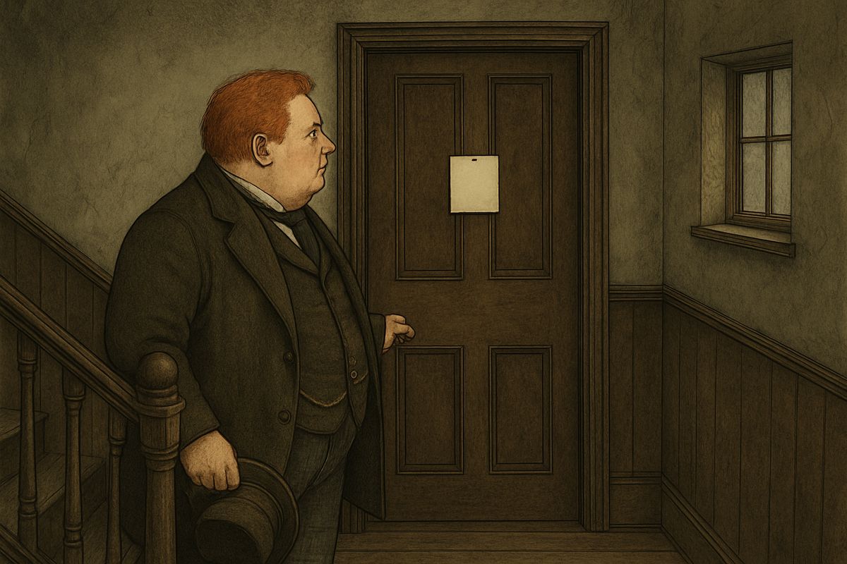 That very morning Wilson arrived at ten to find the office door shut and locked, with a little square of white cardboard tacked to the middle of the panel.